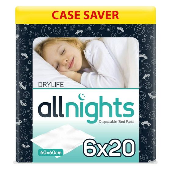 Drylife All Nights Disposable Bed Pads - 60cm x 60cm - Case - 6 Packs of 20 