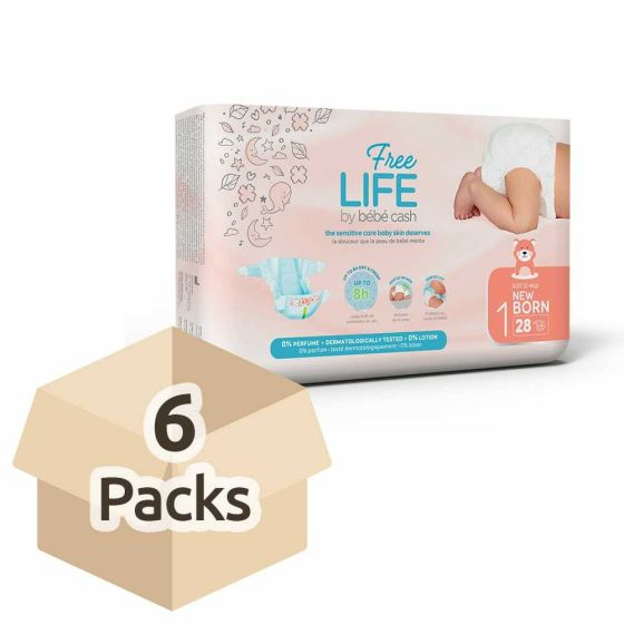 Freelife Bebe Cash - Nappies - Newborn 1 (2-4kg) - Case - 6 Packs of 28 